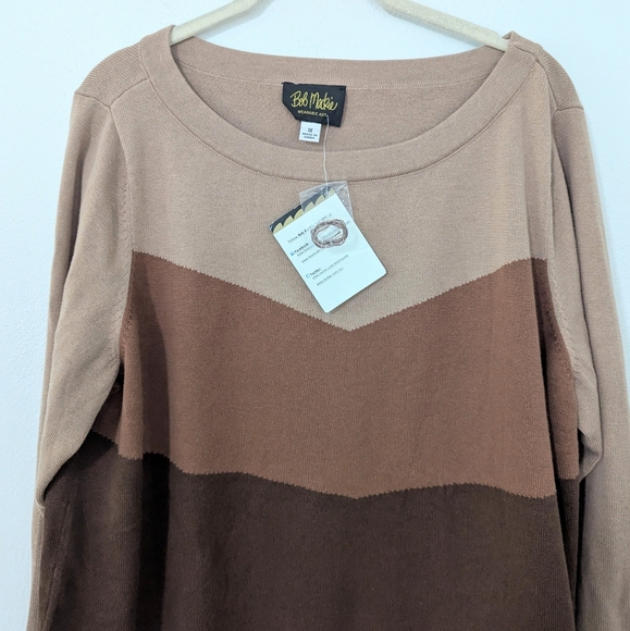 Bob Mackie NWT Chevron Print Knit Sweater Crewneck Pullover Long Sleeve Brown 1X - Picture 2 of 9